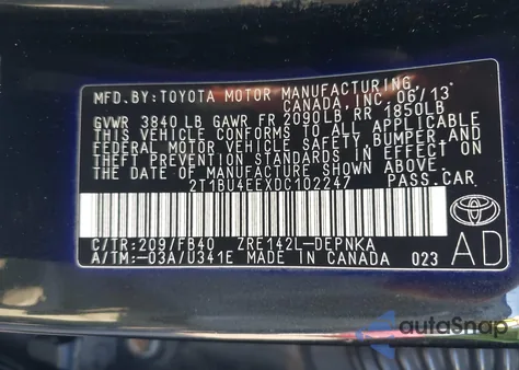 2013 Toyota Corolla Le из США, поврежденный, VIN 2T1BU4EEXDC102247